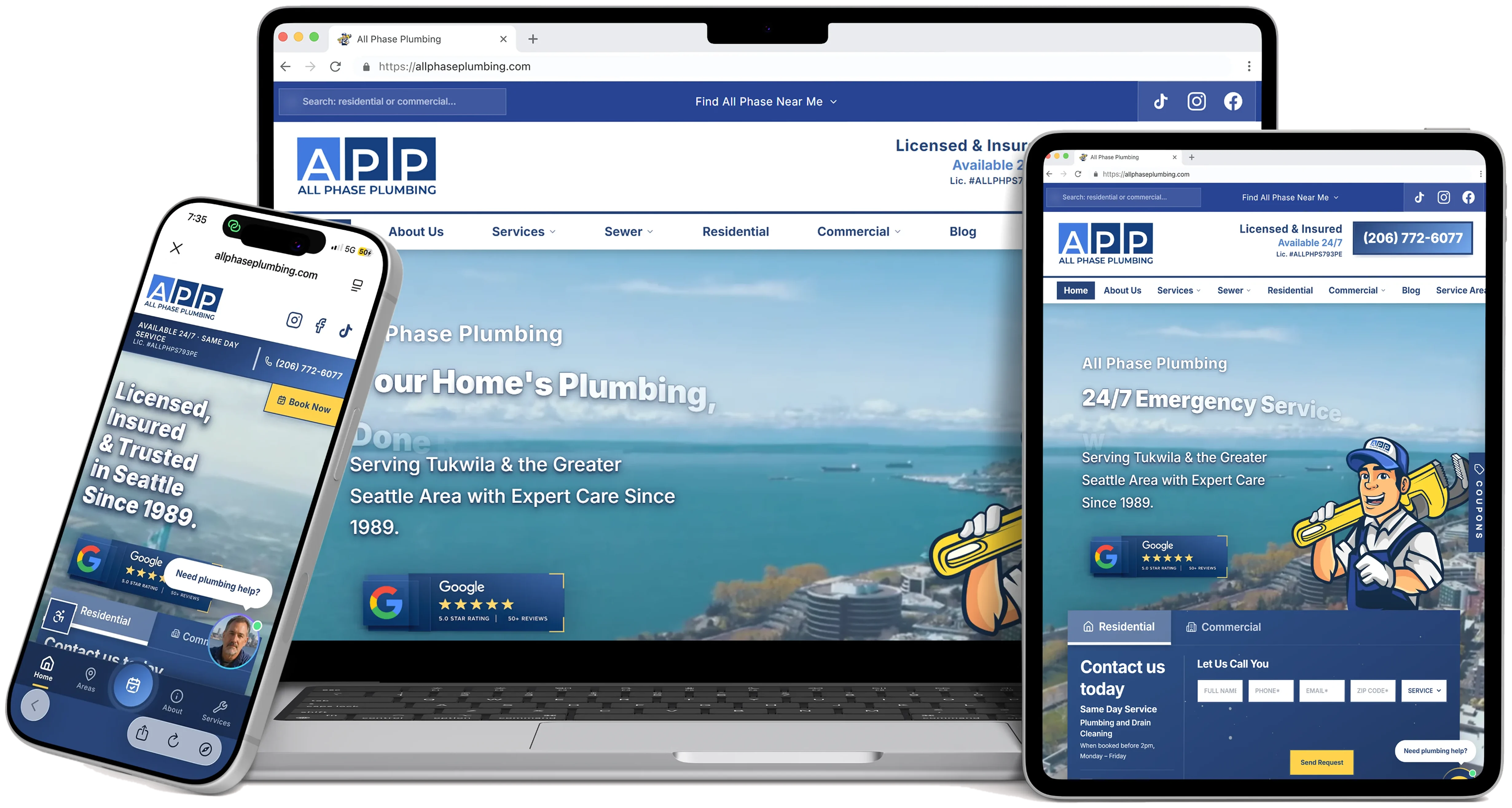 The rebuilt All Phase Plumbing site shown on a laptop, tablet and phone