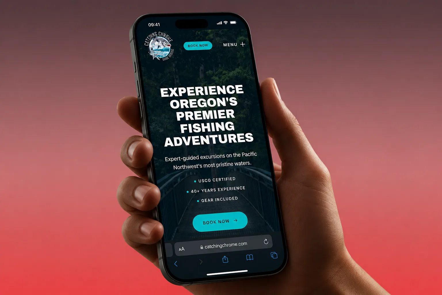 The rebuilt Catching Chrome Guide Service site shown on a phone against a red gradient background