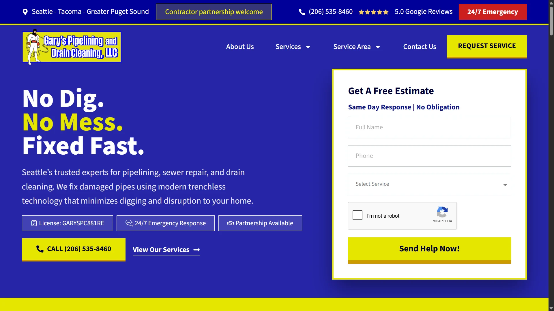 The old Gary's Pipelining & Drain Cleaning website