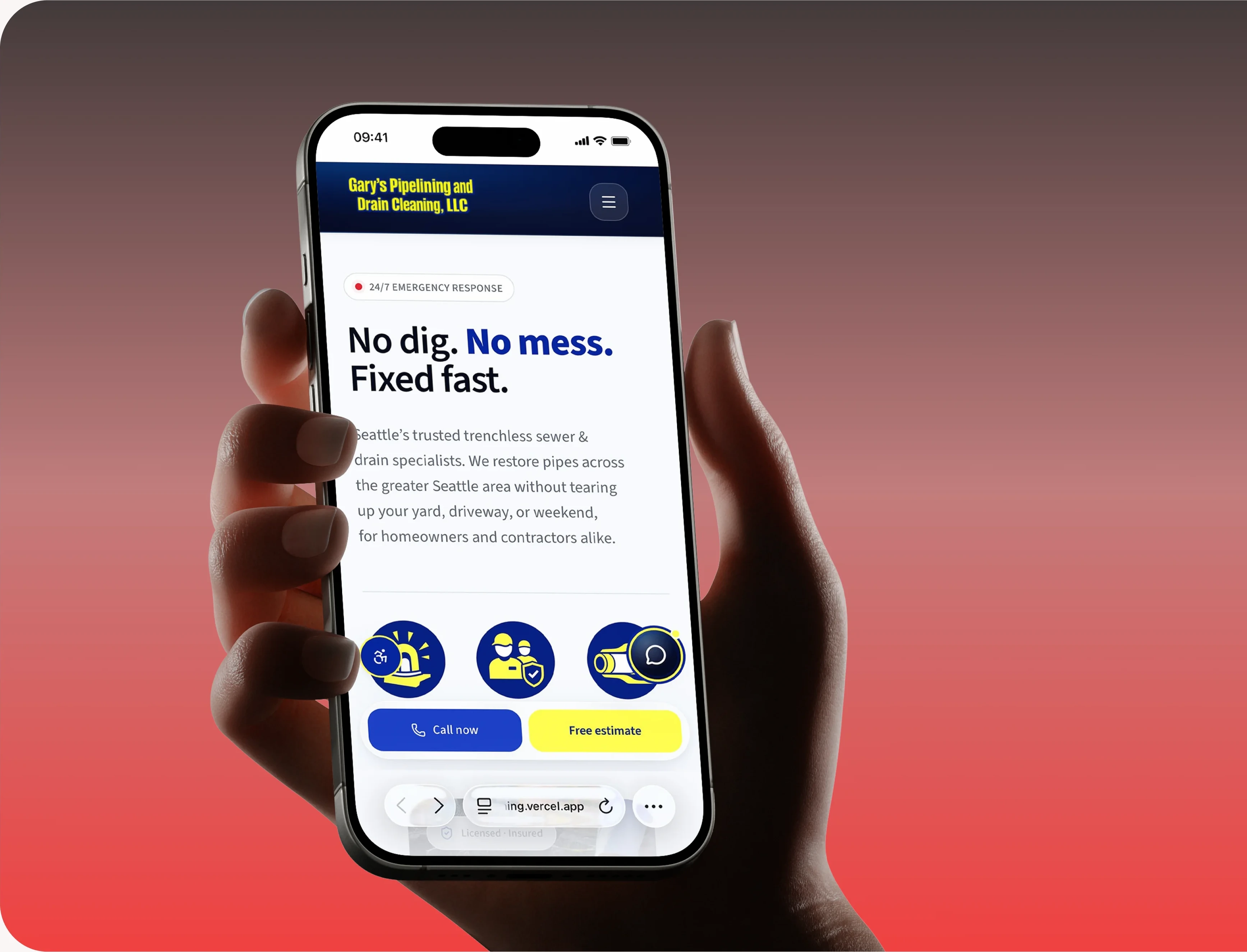 Gary's Pipelining's new site shown on a phone, held up against a red gradient background