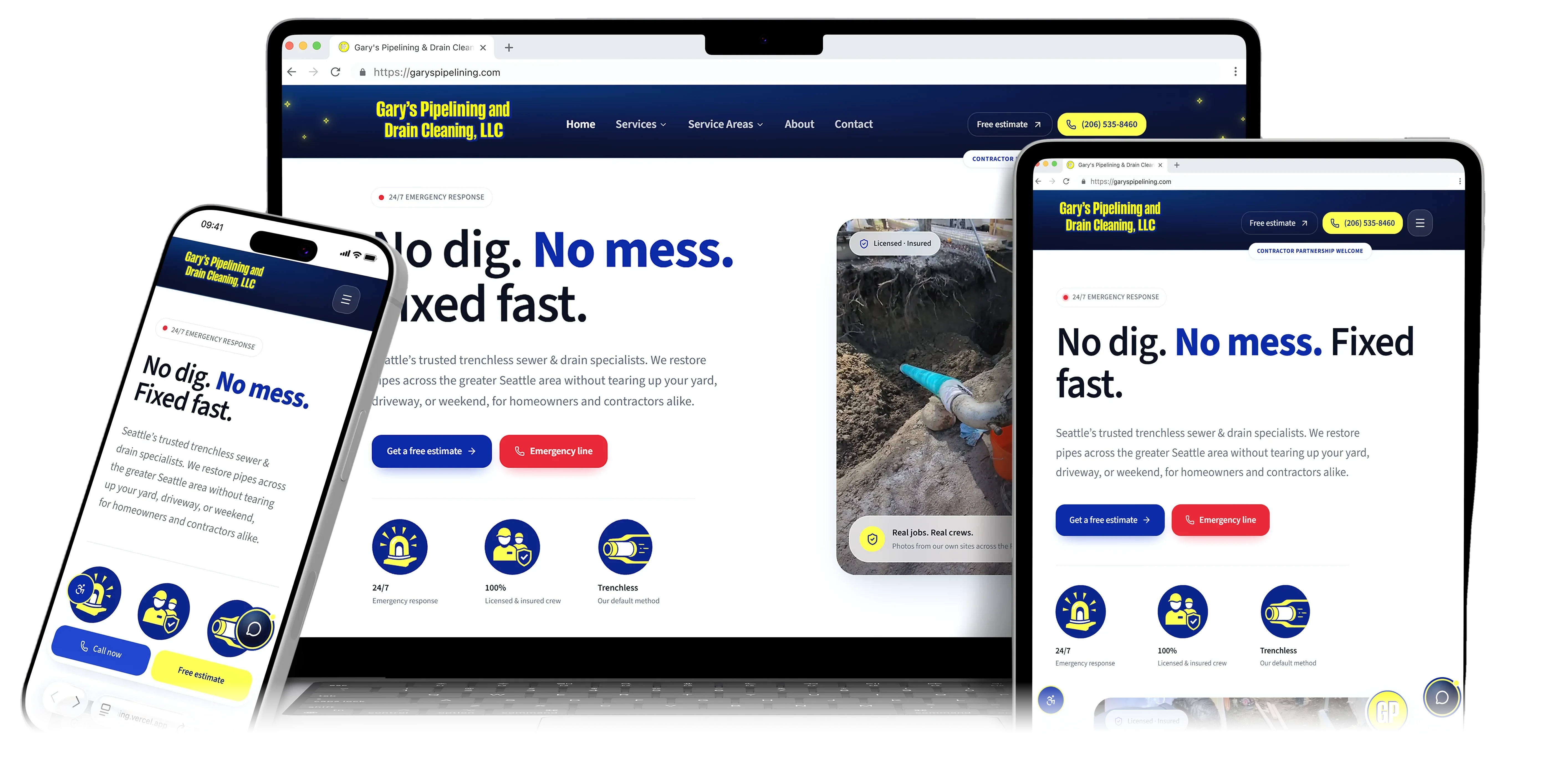 The rebuilt Gary's Pipelining site shown on a phone, laptop and tablet