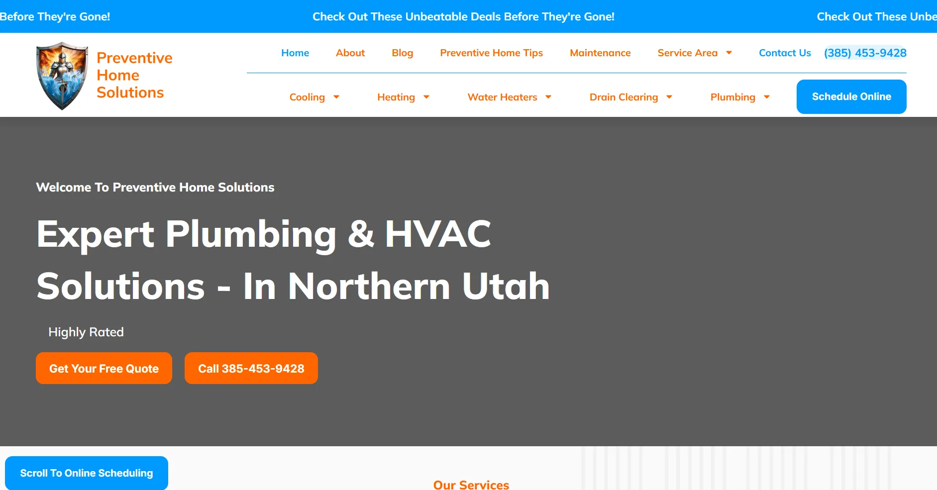 The old Preventive Home Solutions website, a busy template with a deals banner and two rows of navigation