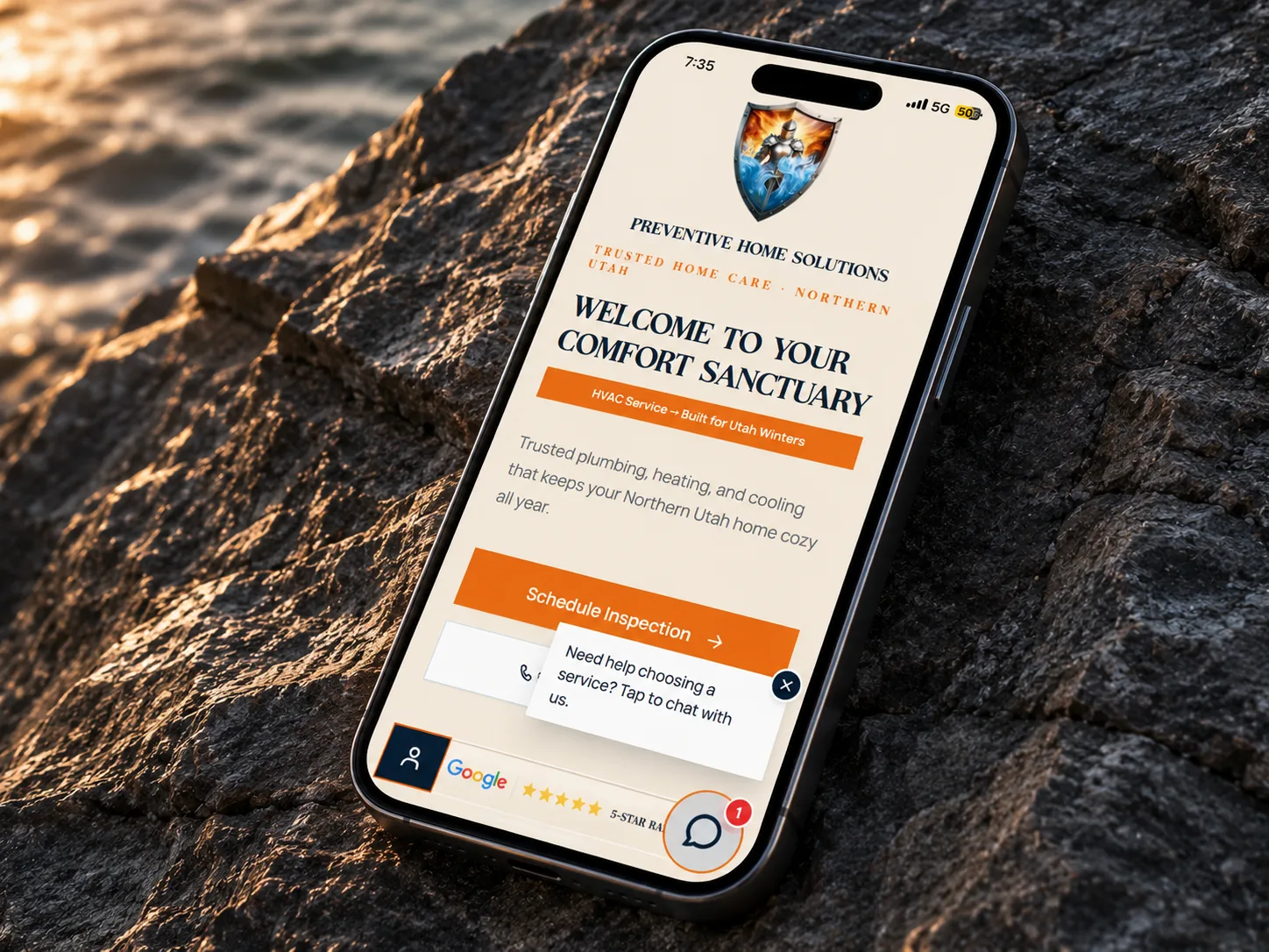 The Preventive Home Solutions site on a phone, with a Schedule Inspection button and a chat assistant prompt